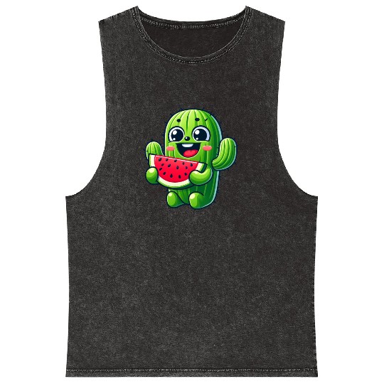 Cute Cactus Comic With Watermelon Fruity Mineral Wash Tank Tops