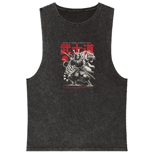 Japanese Samurai with Katana, Kanji Typography Mineral Wash Tank Tops