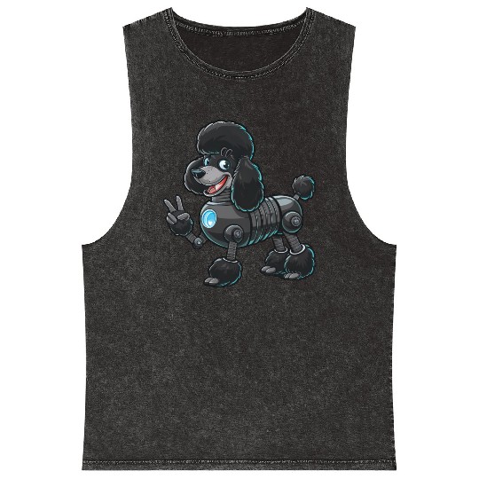Cyborg Poodle Robot Peace Sign Mineral Wash Tank Tops