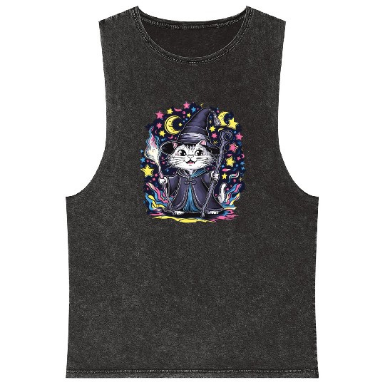 Charming Wizard Cat Casting Magic Mineral Wash Tank Tops