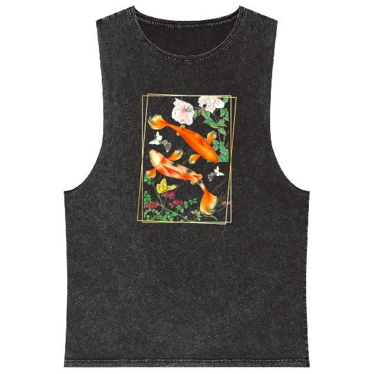 Japanese Koi Carp Nishikigoi Fish Cherry Blosso Mineral Wash Tank Tops