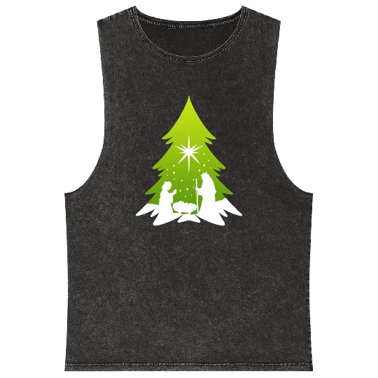 Christmas Tree Nativity Scene Artist Mineral Wash Tank Tops