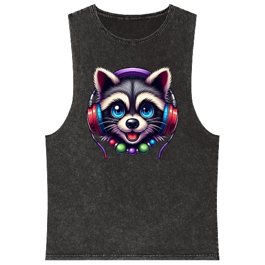 Colorful Raccoon Headphones Graphic Music Lover Mineral Wash Tank Tops