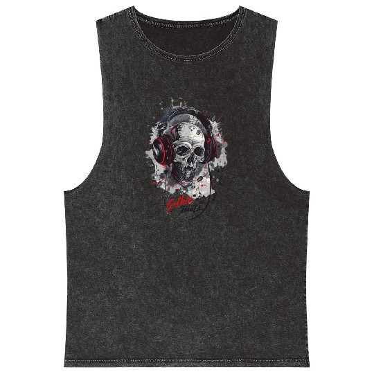 "Gothic Beats - Skull with Headphones Design" Mineral Wash Tank Tops