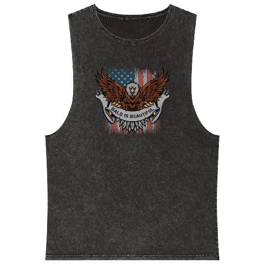 Bald Is Beautiful US Flag 4th Of July Funny Eagle Mineral Wash Tank Tops