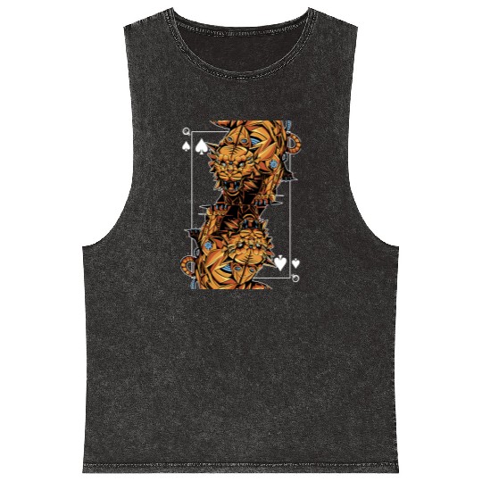 Tiger Steampunk Card Game Queen of Spades Poker Mineral Wash Tank Tops