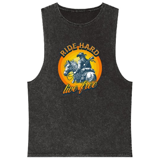 Western American Cowboy Retro Vintage Sunset Mineral Wash Tank Tops