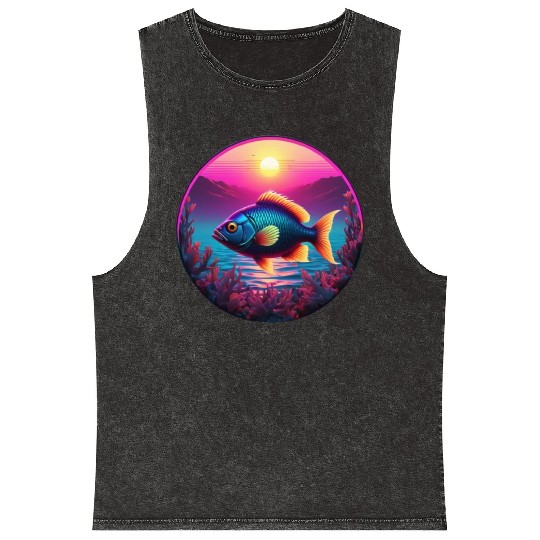 Synthwave Fish and Coral and a Sunset and Ocean Mineral Wash Tank Tops