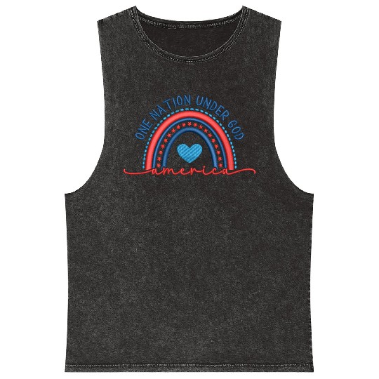 One Nation Under God Rainbow Embroidery Effect Mineral Wash Tank Tops