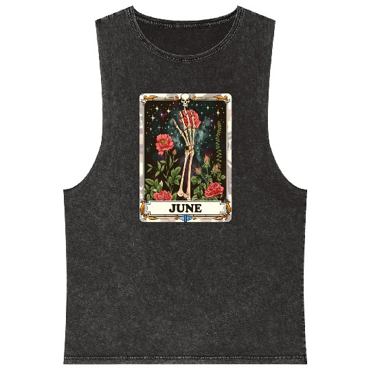June Gothic Tarot Card - Rose Flower & Skeleton's Mineral Wash Tank Tops
