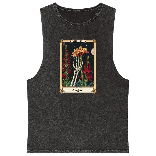 August Gothic Tarot Card - Gladiolus Flower & Skel Mineral Wash Tank Tops