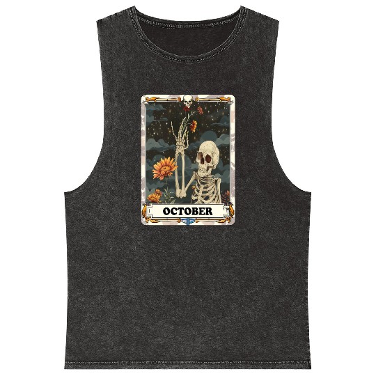 October Gothic Tarot Card - Marigold Flower & Skel Mineral Wash Tank Tops