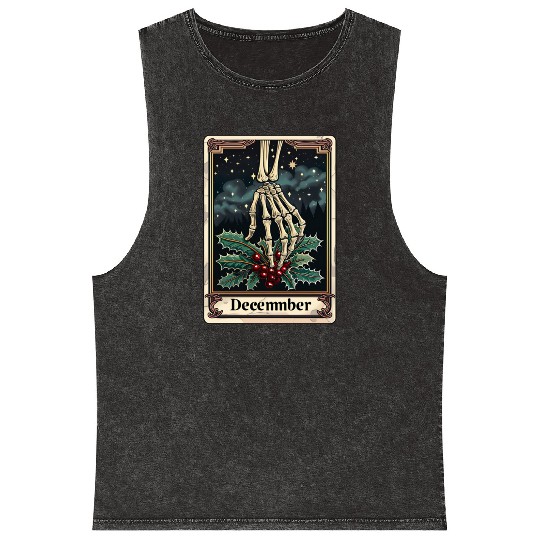 December Gothic Tarot Card - Holly Flower & Skelet Mineral Wash Tank Tops