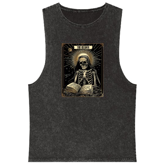 The Reader Skeleton Book Lover Tarot Card Reading Mineral Wash Tank Tops