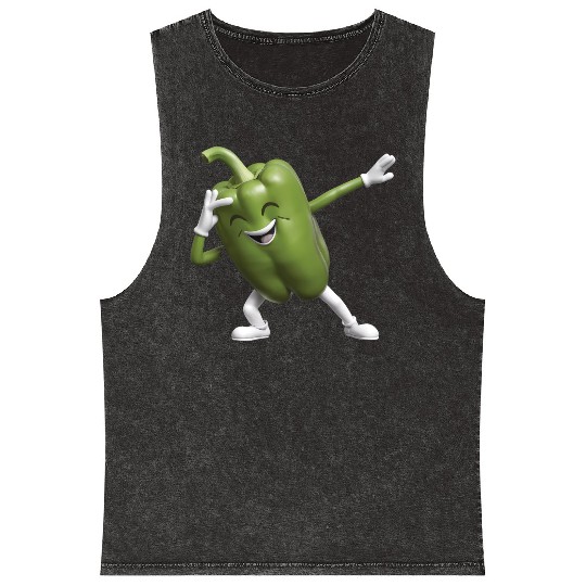 Green Bell Pepper Dabbing Realistic Mineral Wash Tank Tops