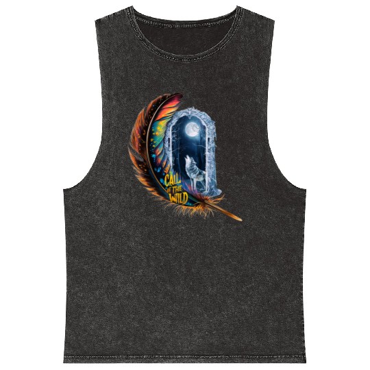 Glowing feather with wolf howling at the moon Mineral Wash Tank Tops