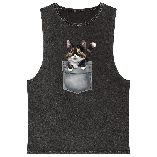 Japanese Bobtail Cat In Pocket Mineral Wash Tank Tops