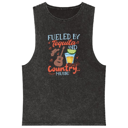 Fueled By Tequila And Country Music Western Cowboy Mineral Wash Tank Tops