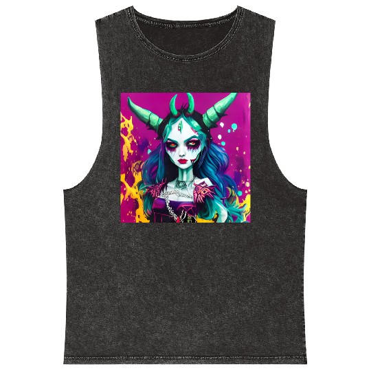Goth Devil Demon Vampire Girl Street Pop Art Mineral Wash Tank Tops