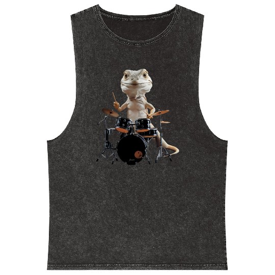 Lizard Playing Drums Realistic Mineral Wash Tank Tops