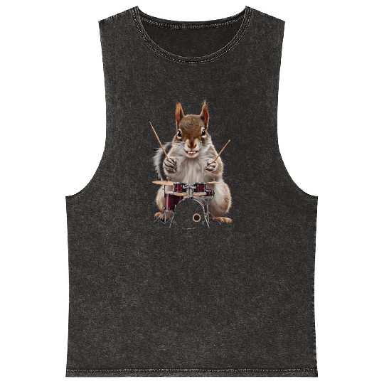 Squirrel Playing Drums Realistic Mineral Wash Tank Tops