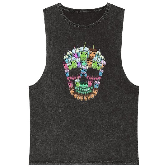 Bubble Tea Skull Mineral Wash Tank Tops Men Boba Tea