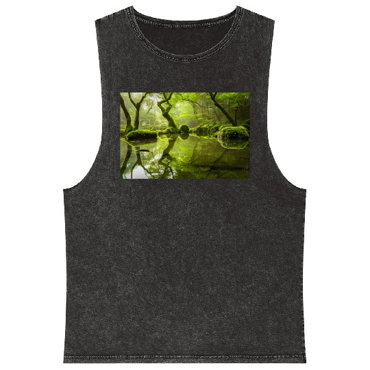 Enchanted Forest Reflections in Tranquil Pond Mineral Wash Tank Tops