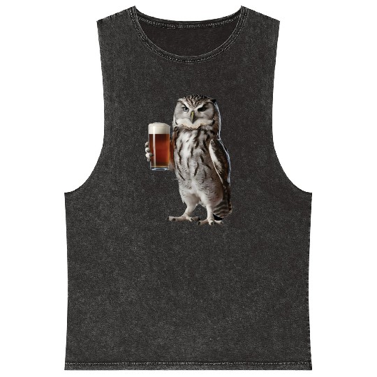 Owl Drinking Beer Realistic Mineral Wash Tank Tops