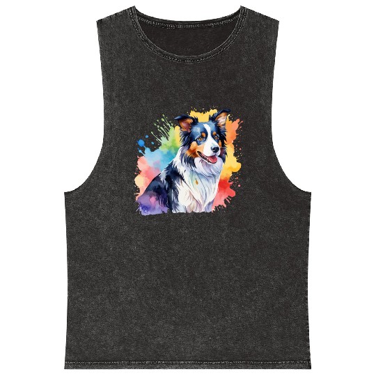 Border Collie Watercolor Mineral Wash Tank Tops