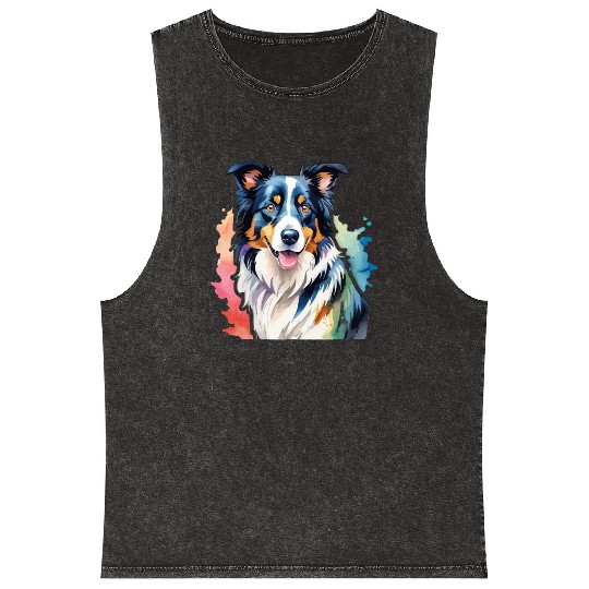 Border Collie Watercolor Mineral Wash Tank Tops