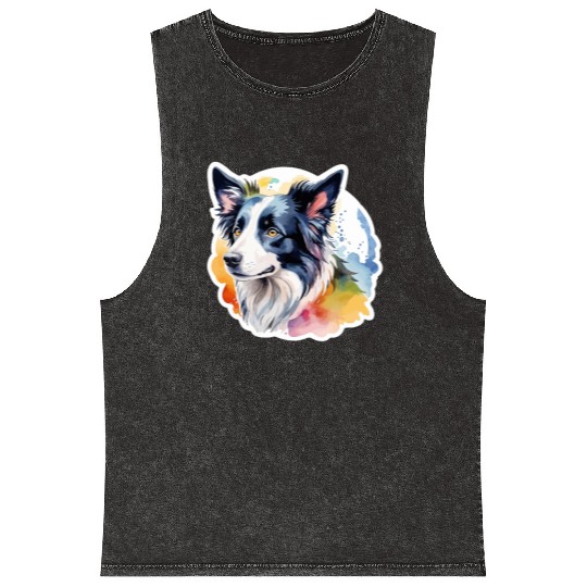 Border Collie Watercolor Mineral Wash Tank Tops