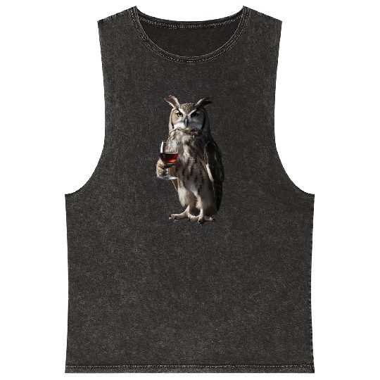 Owl Drinking Wine Realistic Mineral Wash Tank Tops
