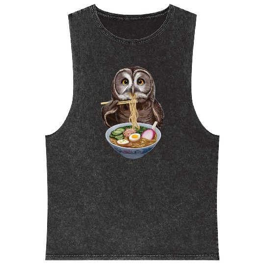 Owl Eating Ramen Realistic Mineral Wash Tank Tops