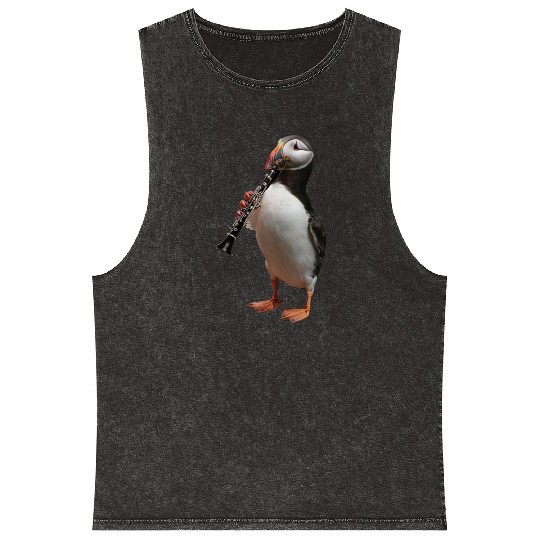 Atlantic Puffin Playing Clarinet Realistic Mineral Wash Tank Tops