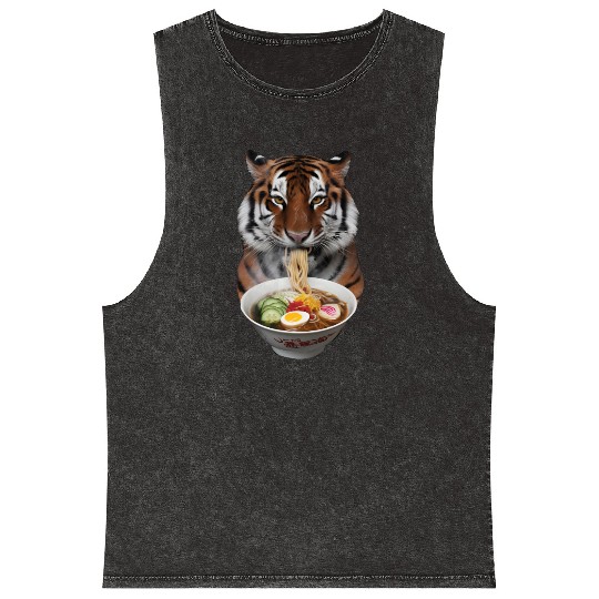 Tiger Eating Ramen Realistic Mineral Wash Tank Tops