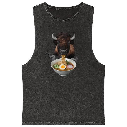 Bison Eating Ramen Realistic Mineral Wash Tank Tops