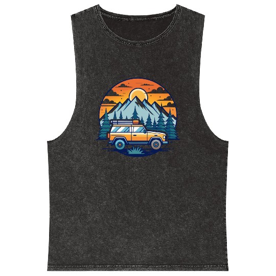 Camper Van parked Lake with Mountains Mineral Wash Tank Tops