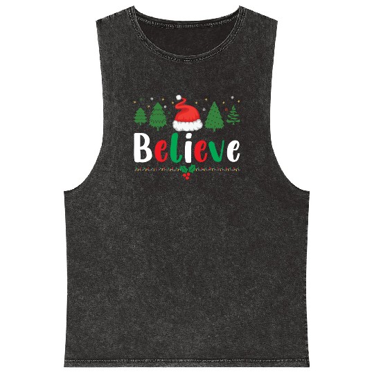 Merry Christmas Believe Santa Claus Hat Xmas Tree Mineral Wash Tank Tops