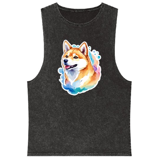 Shiba Inu Watercolor Mineral Wash Tank Tops
