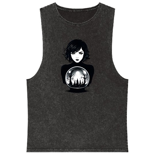 Witchy Woman Gazing into a Crystal Ball Mineral Wash Tank Tops