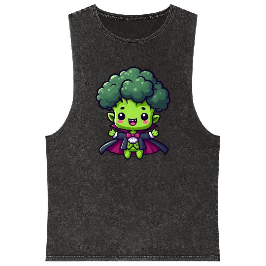 Cute Halloween Broccoli Vampire Cartoon Green Mineral Wash Tank Tops