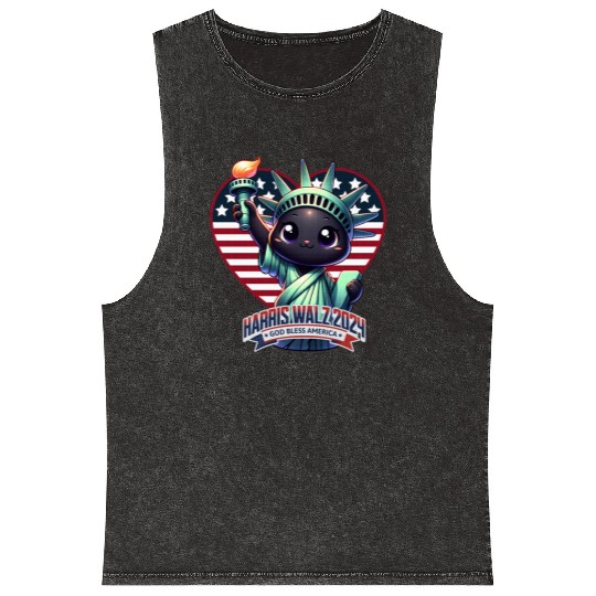 Cute Cat as Statue of Liberty with Harris Walz Mineral Wash Tank Tops