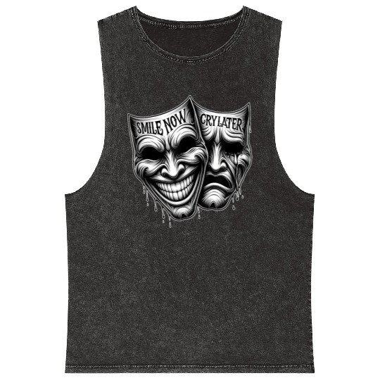 SMILE NOW CRY LATER Drama Masks Payaso Cholo Tatto Mineral Wash Tank Tops