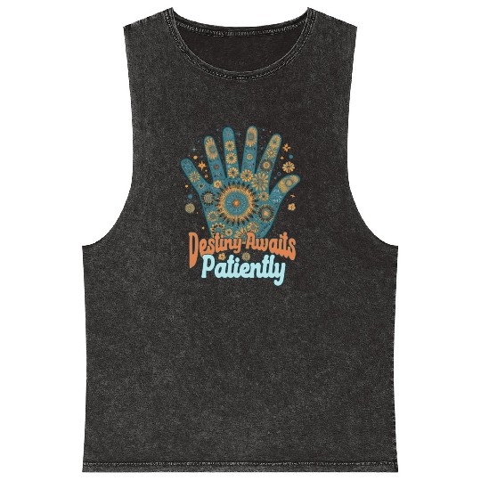SAYING: Destiny awaits patiently, retro palm, sun Mineral Wash Tank Tops