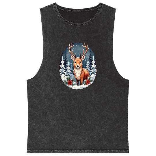 Christmas Deer with Poinsettia and Snow Mineral Wash Tank Tops