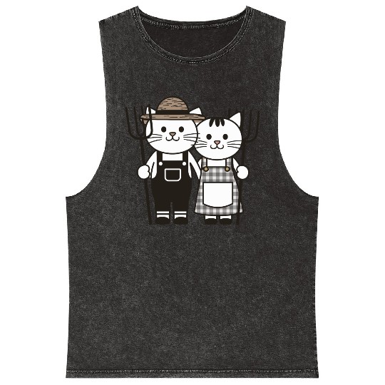 Farmer Cats Wearing Overalls and Gingham Dress Mineral Wash Tank Tops