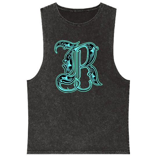 Neon Ornate Letter R Design Mineral Wash Tank Tops