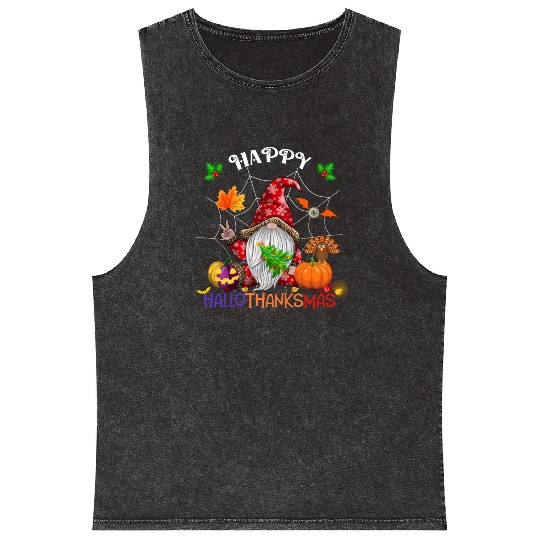 Happy HalloThanksMas Gnome Mineral Wash Tank Tops
