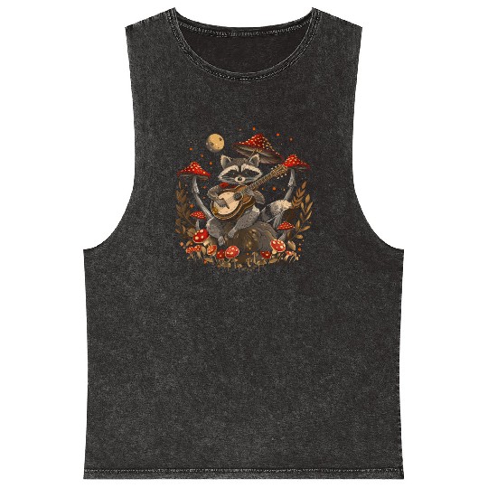 Cottagecore Aesthetic Racoon Playing Guitar Mushro Mineral Wash Tank Tops