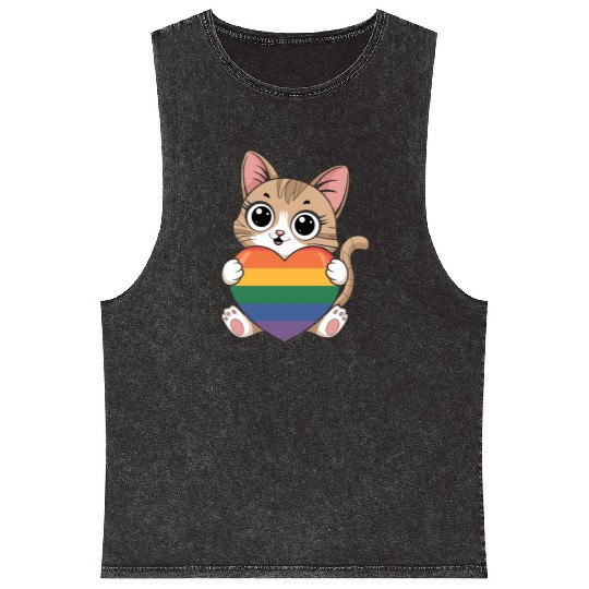 Cute Cat Holding Rainbow Heart LGTBQ Mineral Wash Tank Tops